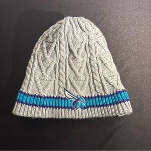 Grey Cable Knit Beanie with Blue Stripe and Hornet Patch
